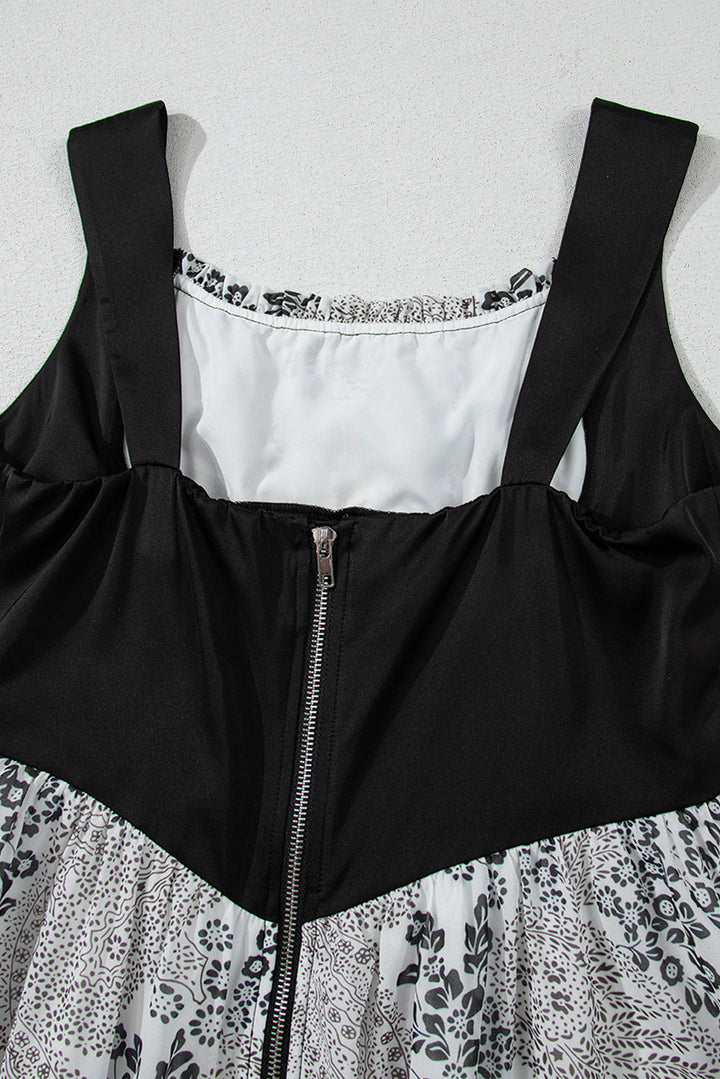 Sleeveless Leather Bustier Patchwork Paisley Floral Chiffon Dress