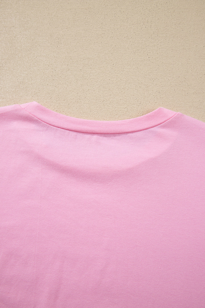 Pink Long Sleeve Sequin Round Neck Pullover Top