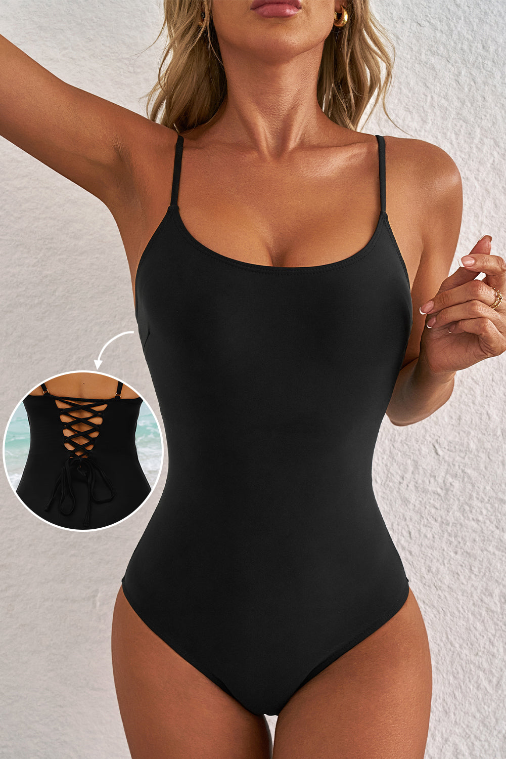 thin strap strappy lace up open back one piece swimsuit
