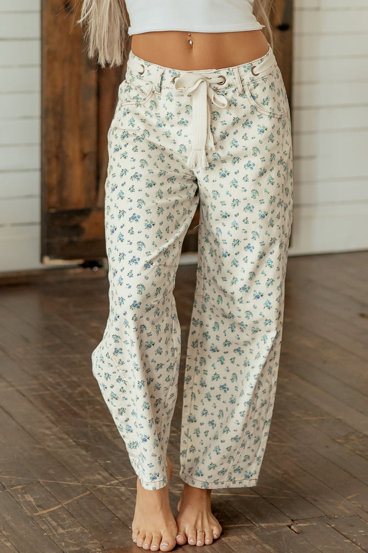 Beige Grommet Knot Waist Floral Barrel Leg Jeans