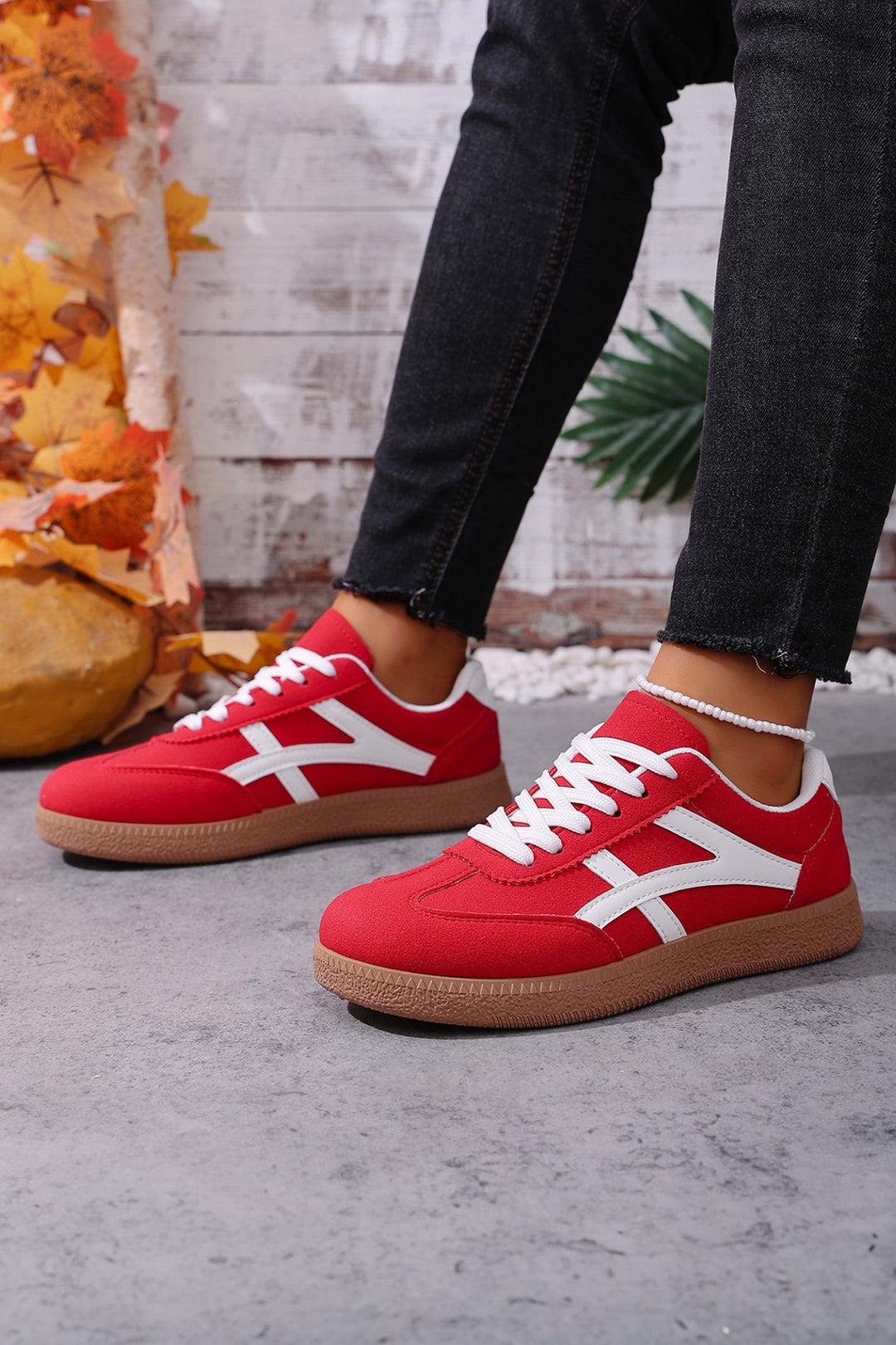 Faux Suede Contrast Patchwork Detail Lace Up Flat Sneakers