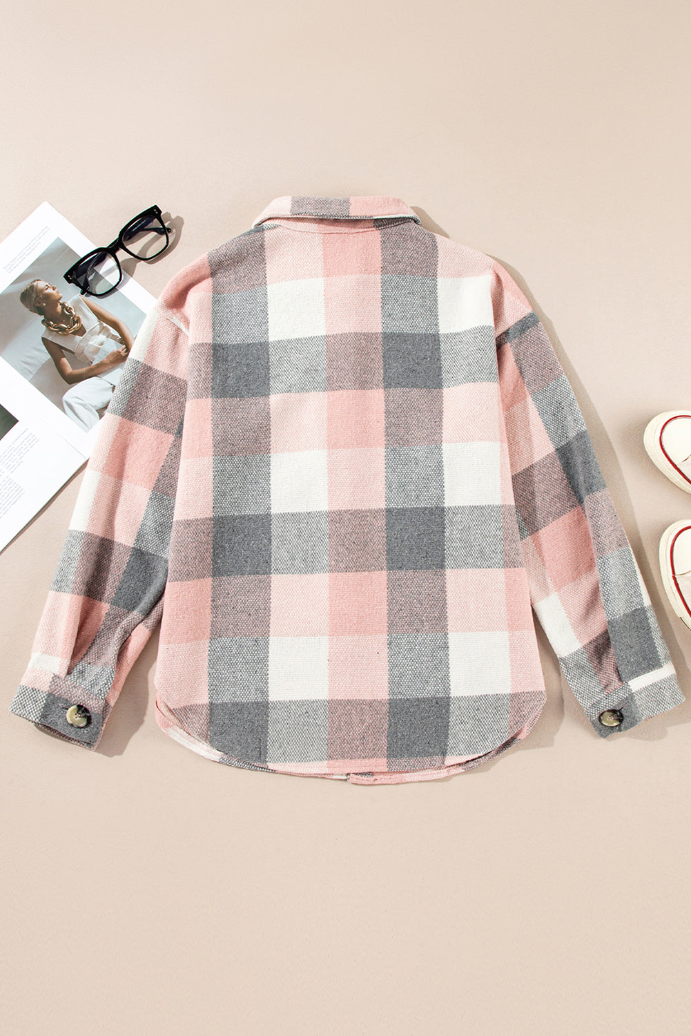 Pink Gray Plaid Color Block Buttoned Long Sleeve Jacket with Pocket