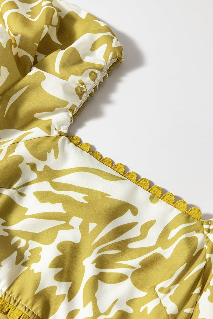 Scalloped Trim Square Neck High Waist Floral Maxi Dress
