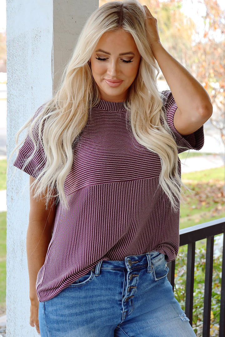Plain Corded Knit Mock Neck T Shirt