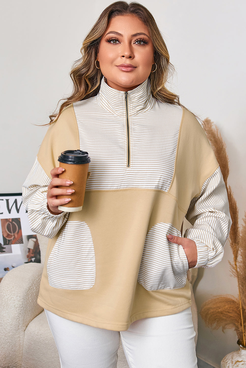 Khaki Stripe Mix Half Zip French Terry Plus Size Sweatshirt