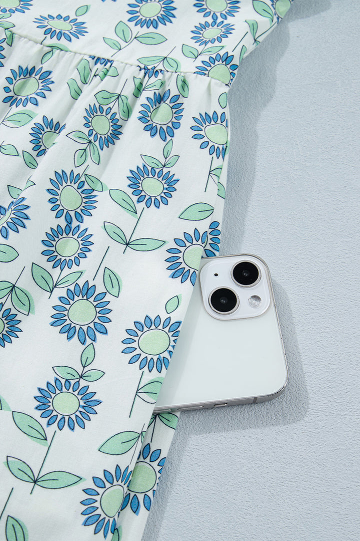 Sky Blue Cute Sunflower Printed Striped Long Dress