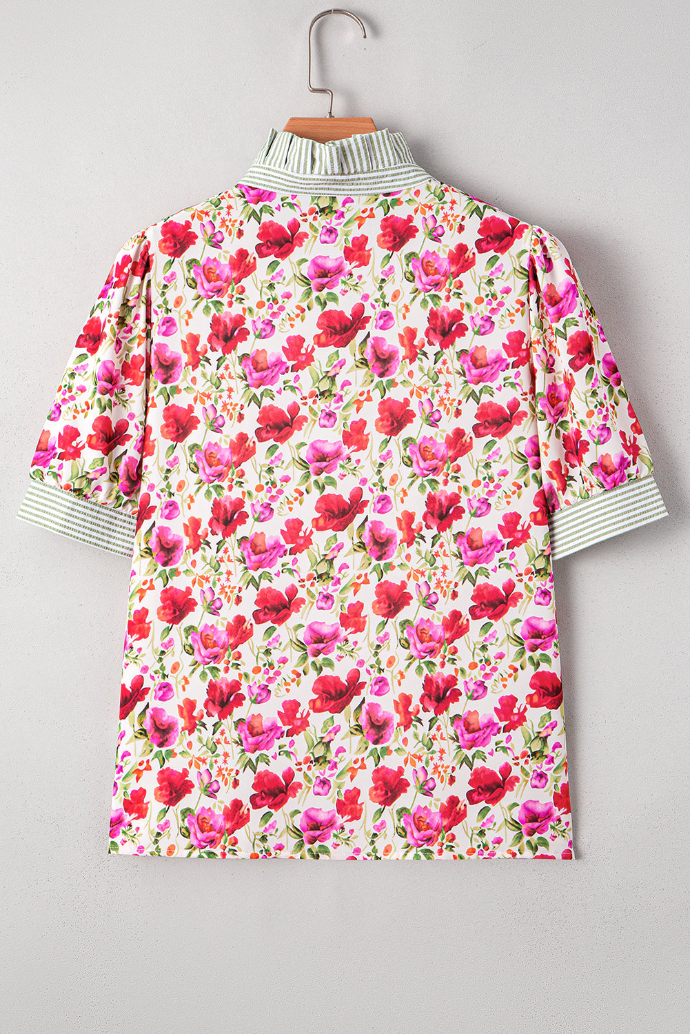 floral print striped patchwork collared short sleeve blouse