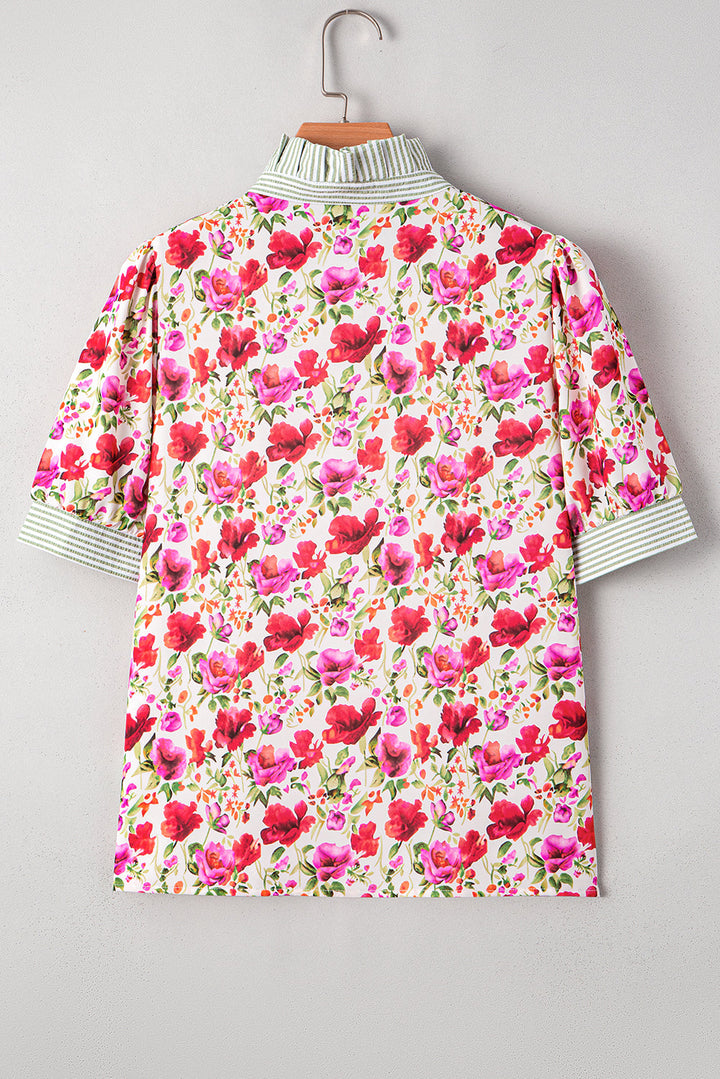 floral print striped patchwork collared short sleeve blouse