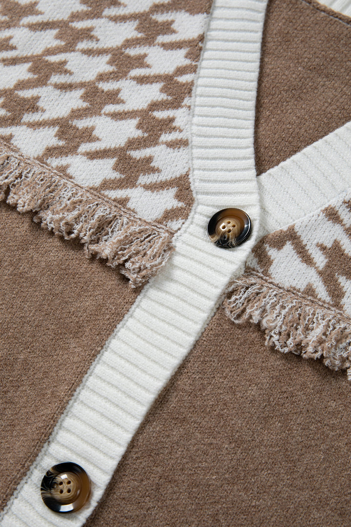 Khaki Houndstooth Color Block  Raw Edge Button Front Cardigan