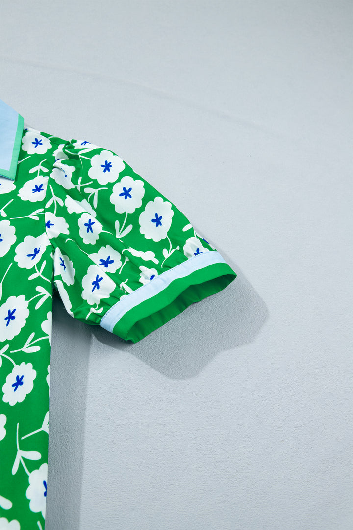 Green Flower Printed Contrast Patchwork Collar Short Sleeve Blouse