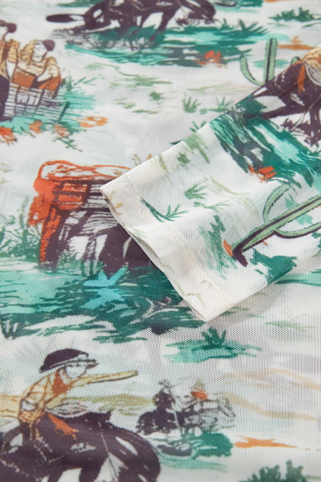 Green Western Print Long Sleeve Round Neck Slim Top