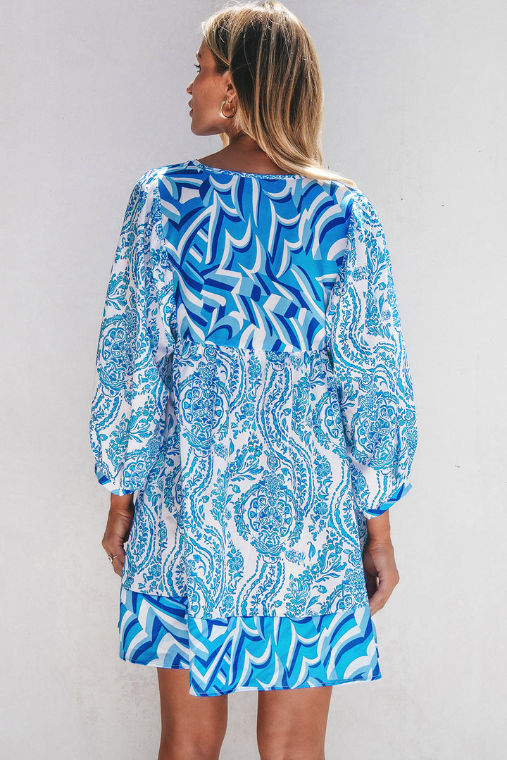 Bohemian Print Puff Sleeve Tied V Neck Flared Mini Dress