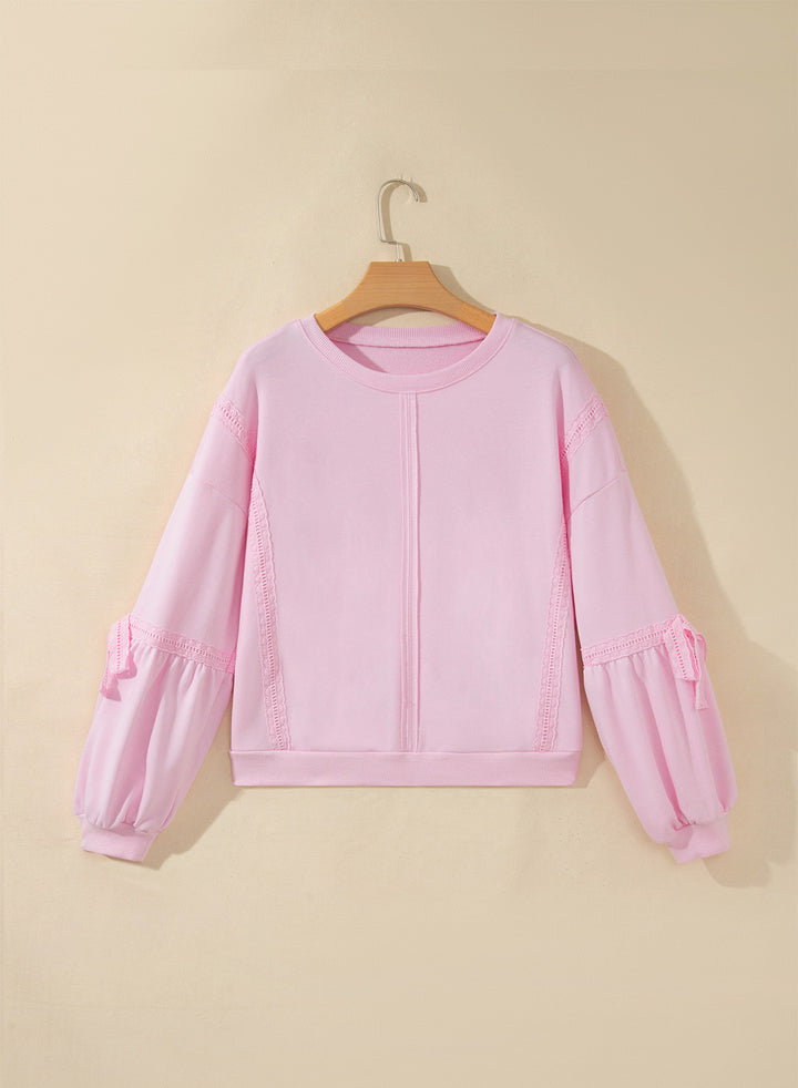 Pink Solid Color Raw Seam Lace Detail Loose Casual Sweatshirt
