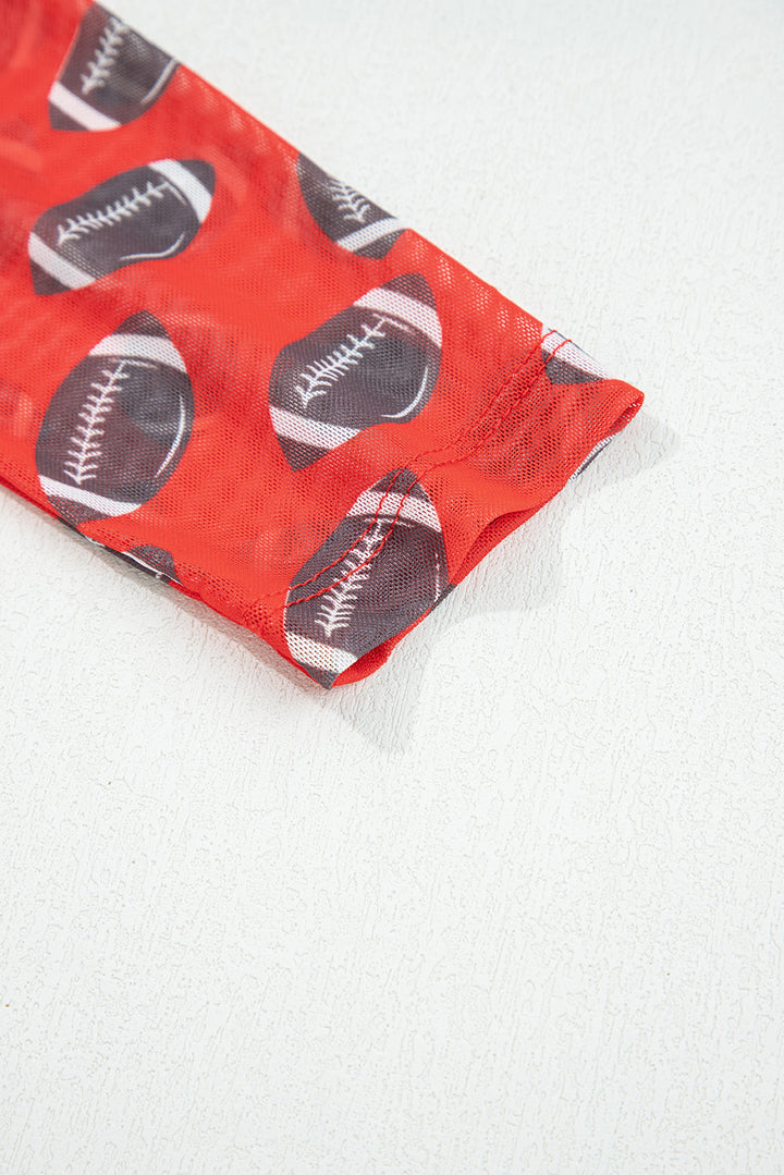 Red Rugby Game Day Sheer Mesh Long Sleeve Top