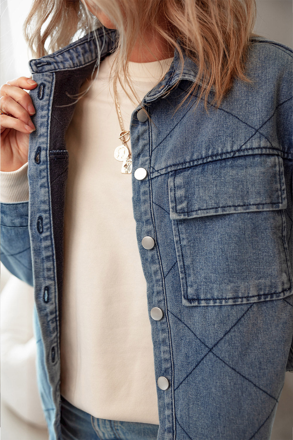 Ashleigh Blue Rhombus Stitched Pattern Button Pocketed Denim Jacket