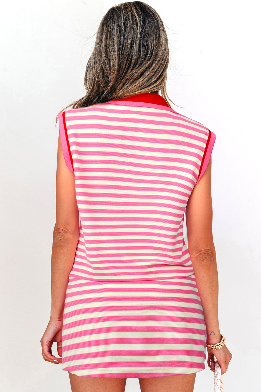 Sachet Pink Textured Stripe Print Zip Collar Sleeveless 2pcs Skort Set