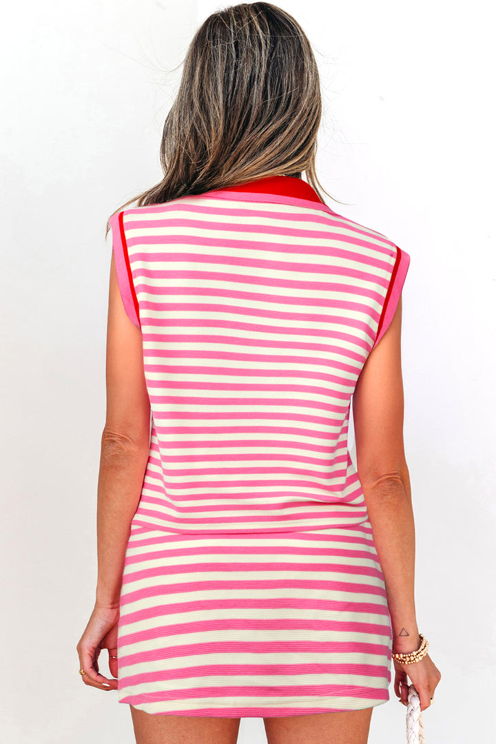 Sachet Pink Textured Stripe Print Zip Collar Sleeveless 2pcs Skort Set