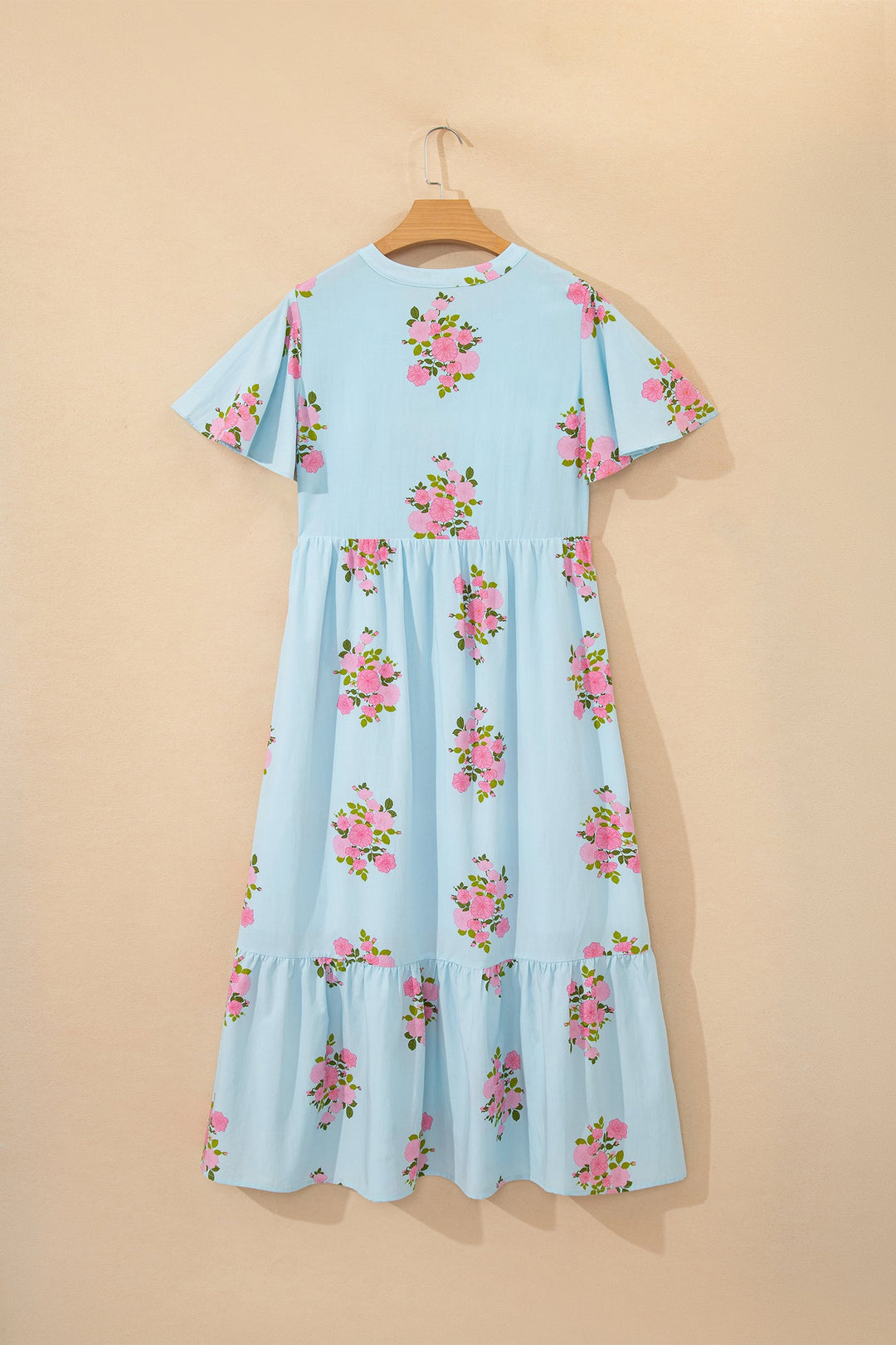 Sky Blue Notched Neck Flutter Short Sleeve Floral Print Maxi Dress