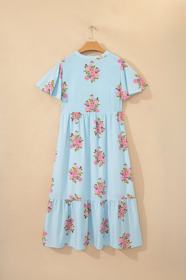 Sky Blue Notched Neck Flutter Short Sleeve Floral Print Maxi Dress