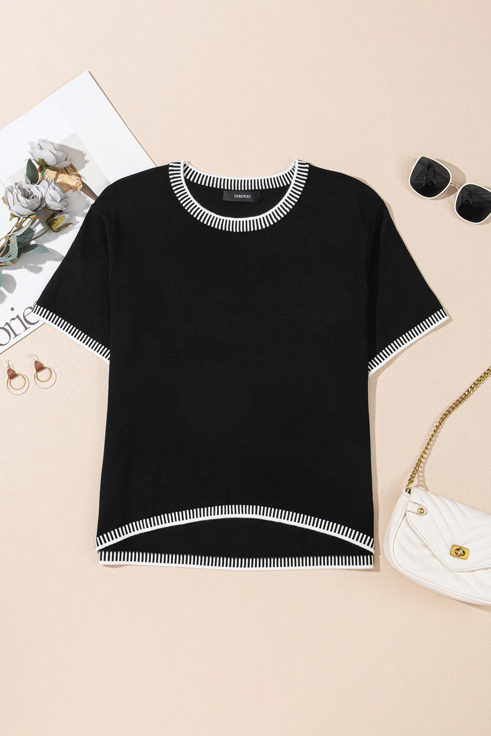 Black Contrast Striped Trim Round Neck Half Sleeve Sweater
