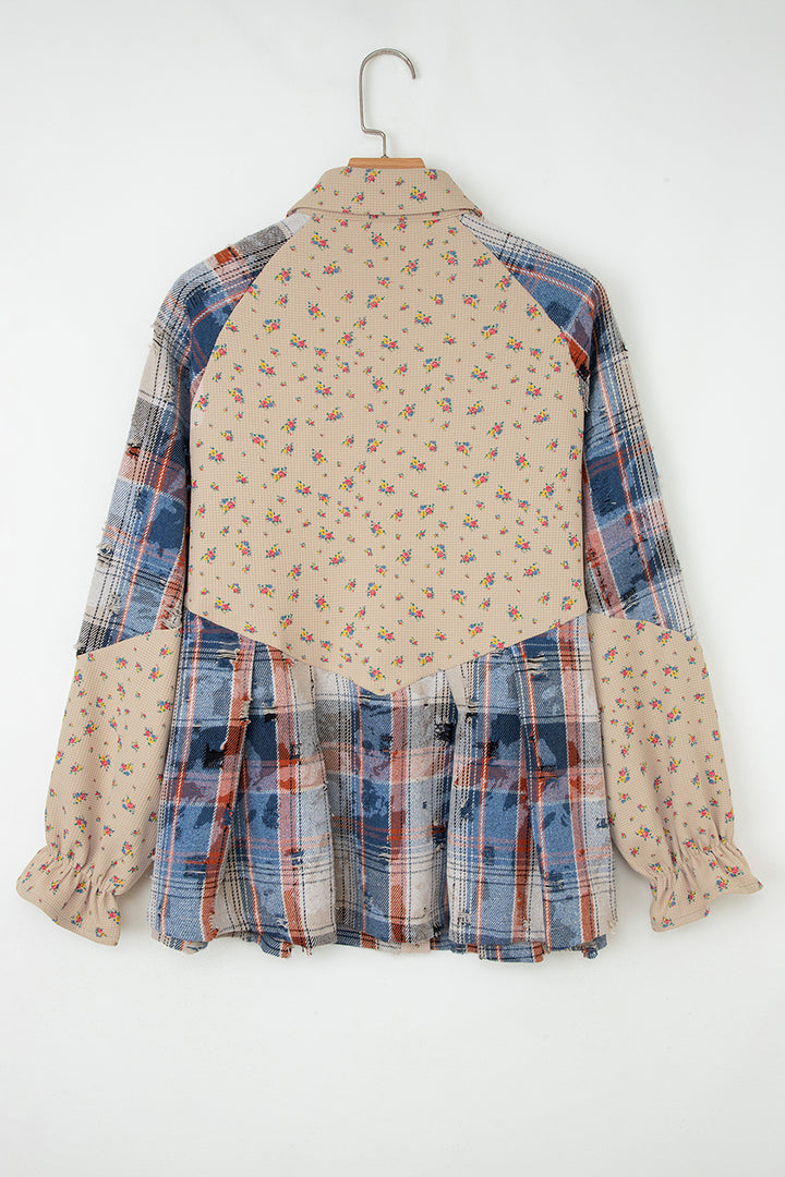 Ashleigh Blue Boho Floral Plaid Patchwork Distressed Detail Ruffled Sleeve Waffle Knit Shacket