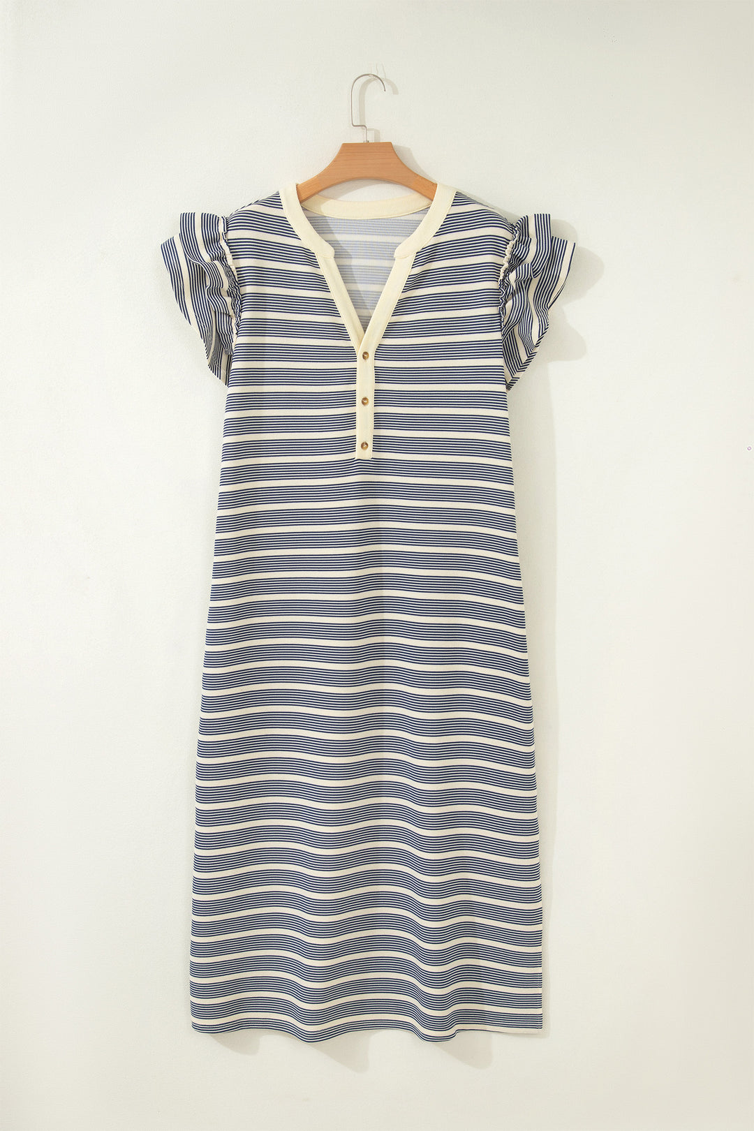 Blue Stripe Plus Size V Neck Ruffle Sleeve Shift Dress