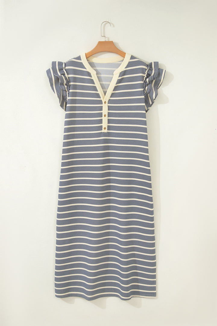 Blue Stripe Plus Size V Neck Ruffle Sleeve Shift Dress