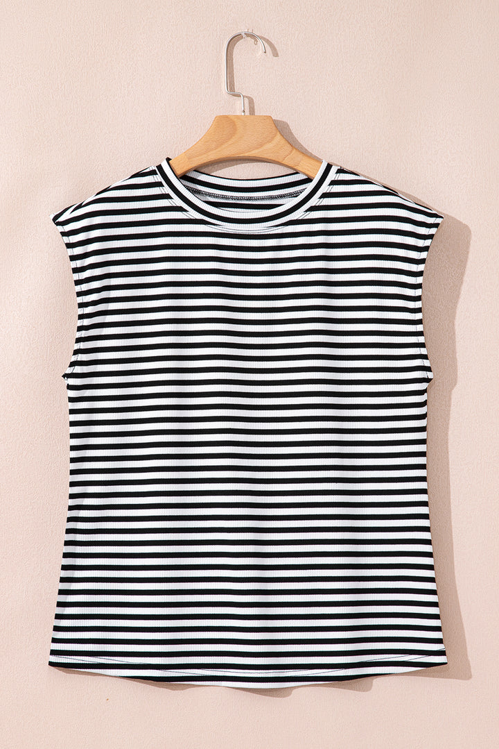 Ribbed Cap Sleeve Round Neck T Shirt