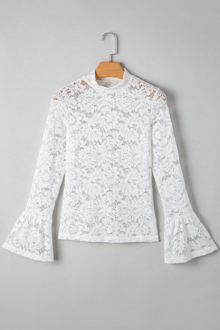 Lace Crochet Bell Sleeve Mock Neck Blouse