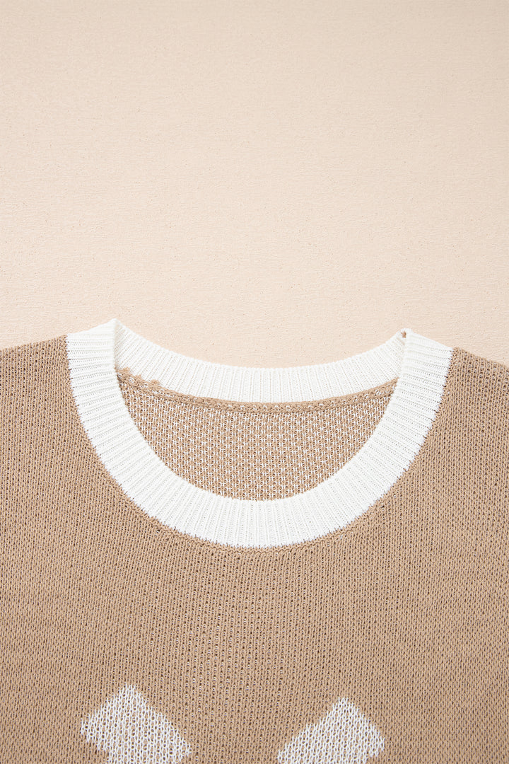 Goat Horse Shoe Pattern Contrast Trim Short Sleeve Sweater