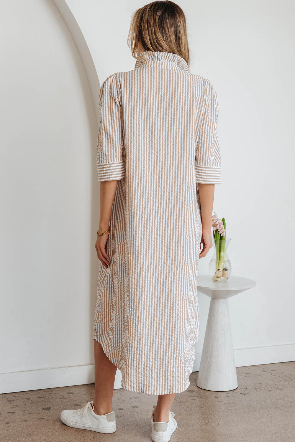 Frilled Collar Half Sleeve Shirt Maxi Dress