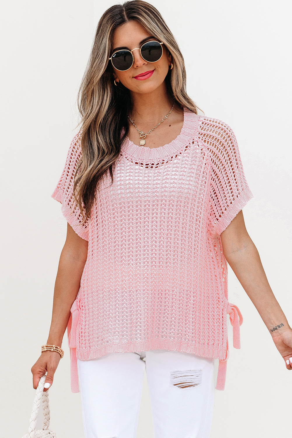 Hollow-out Crochet Side Tied Short Sleeve Sweater