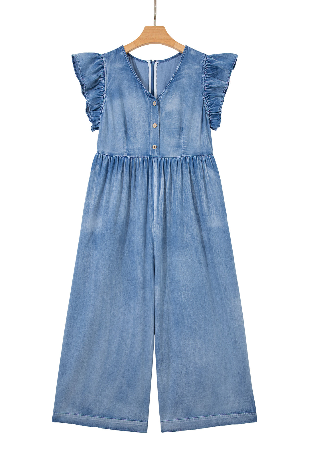 Ashleigh Blue Ruffled Short Sleeve Button V Neck Wide Leg Denim Jumpsuit