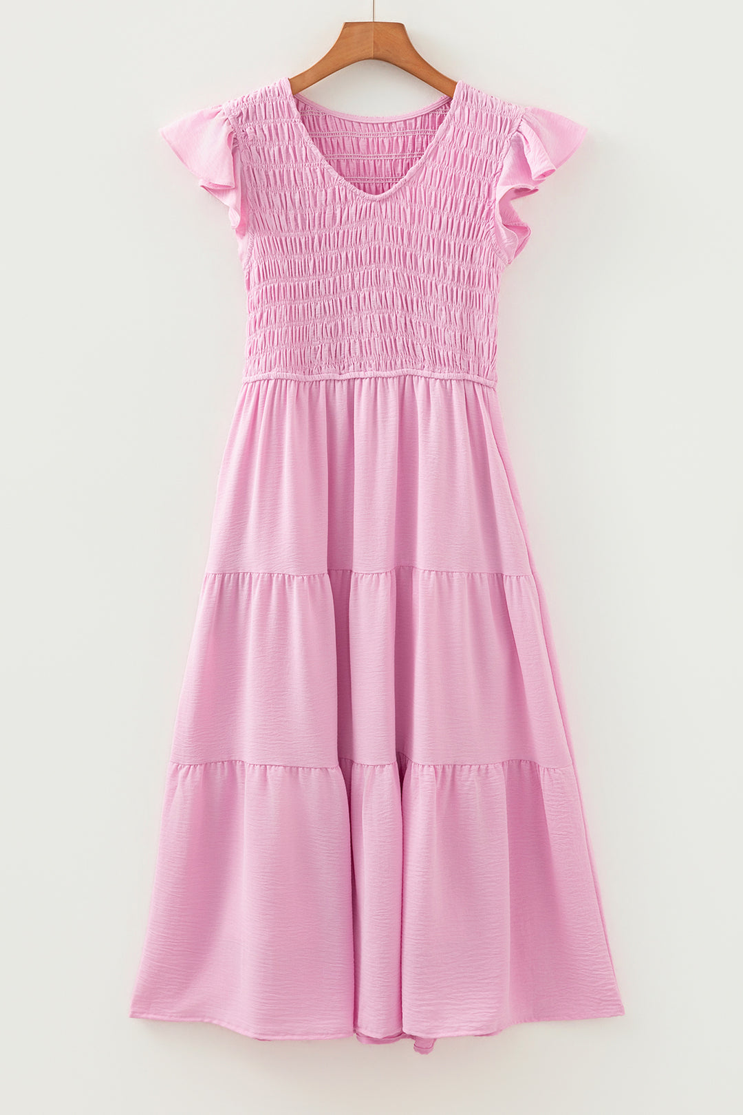 Smocked Bodice Flutter Sleeve Fit Flare Tiered Midi Dress