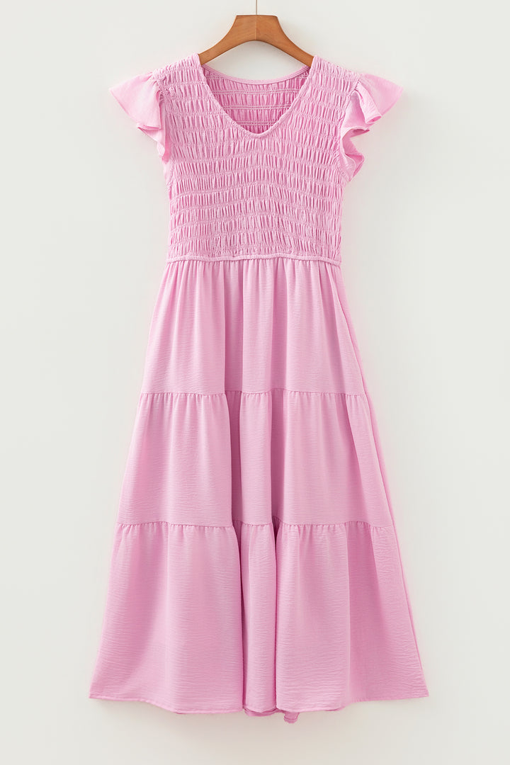 Smocked Bodice Flutter Sleeve Fit Flare Tiered Midi Dress
