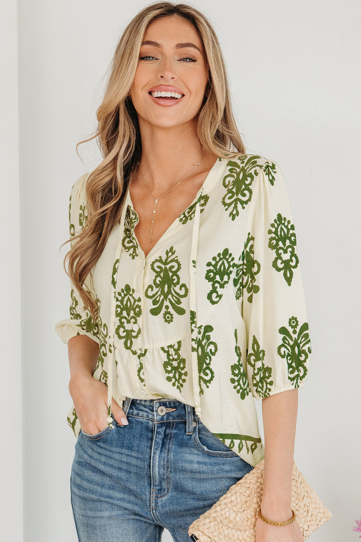 Floral Print Tie V Neck Button Down Puffy Half Sleeve Shirt