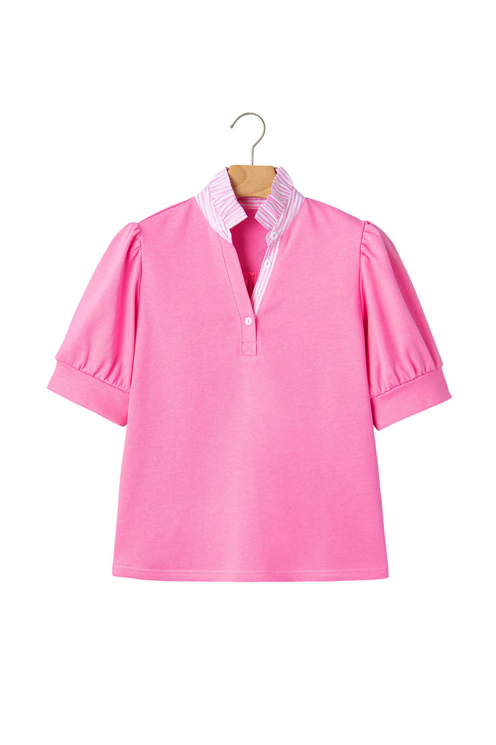 Sachet Pink Striped Frilled Collar Short Sleeve Blouse