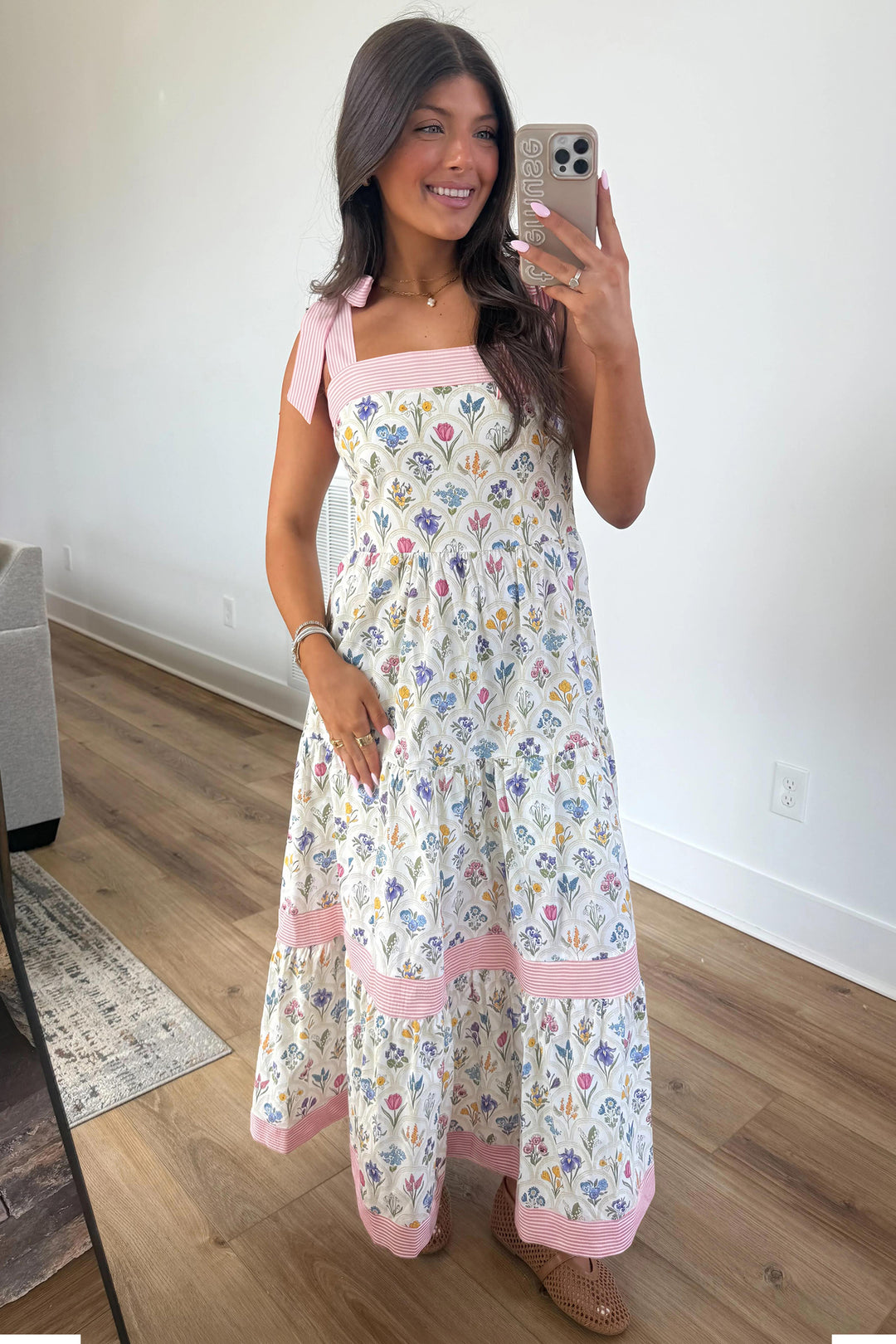 Chic Multicolour Floral Print Striped Detail Knot Straps Maxi Dress