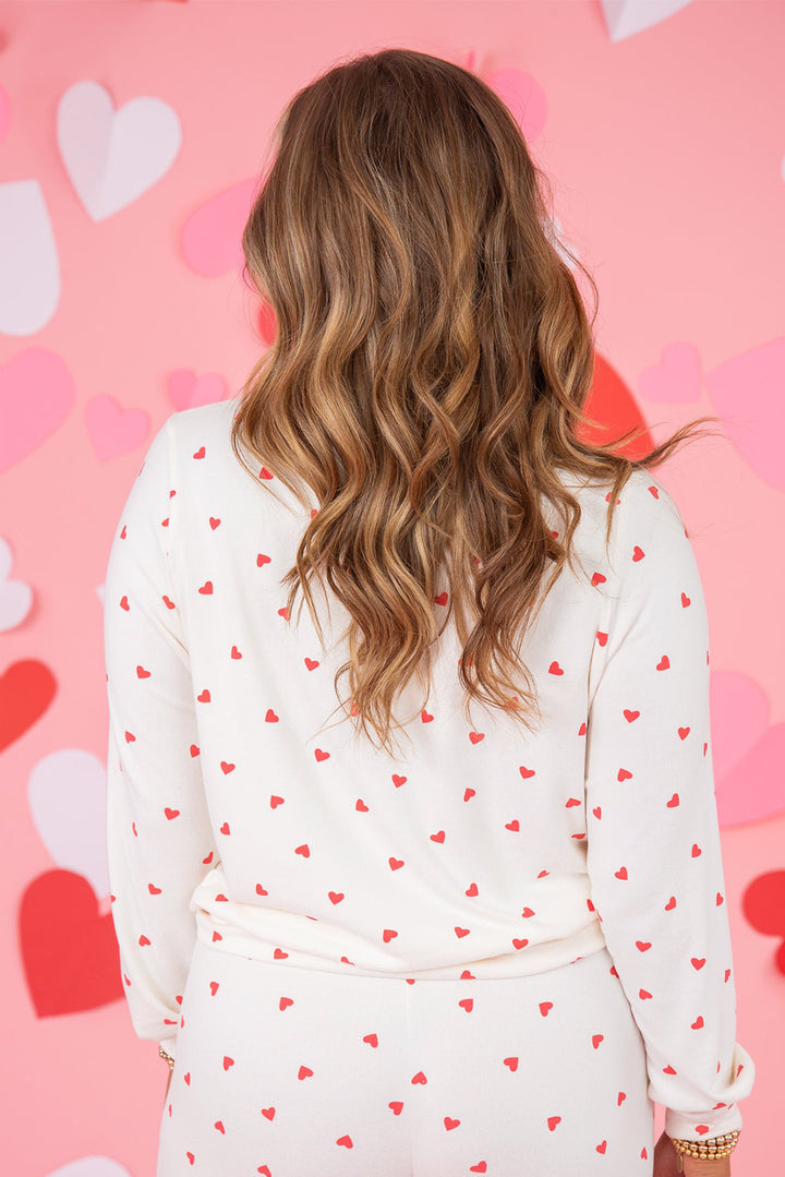 Fiery Red Tiny Hearts Printed Long Sleeve Top Drawstring Lounge Pant Set