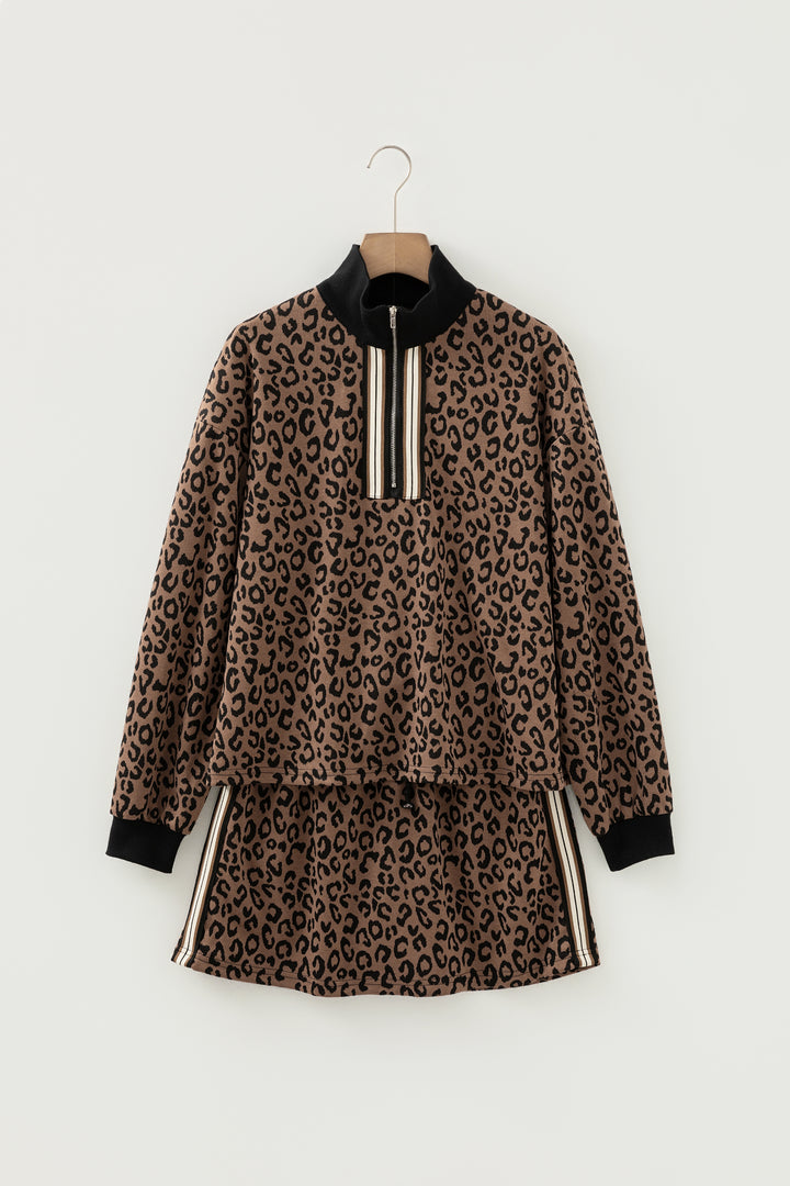 Khaki Leopard Print Quarter Zip Long Sleeve Top Mini Skirt Set
