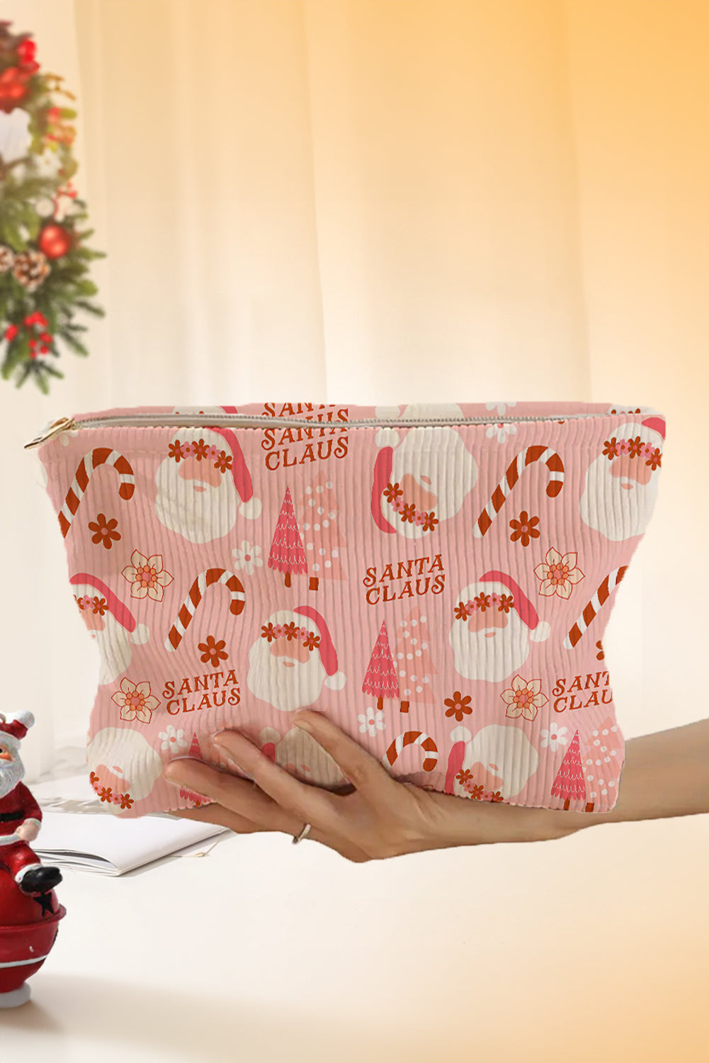 Christmas Fashion Print Corduroy Zip Up Cosmetic Bag