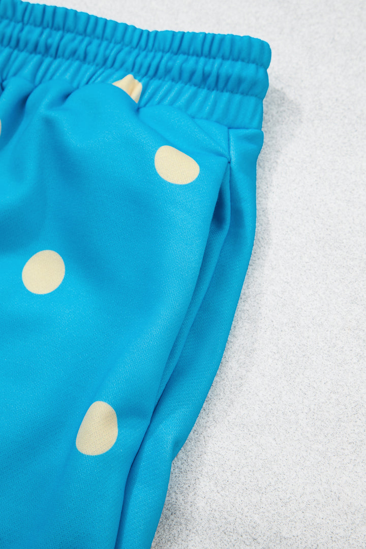 Blue Polka Dot Hooded Drawstring Long Sleeve Plus Size Set