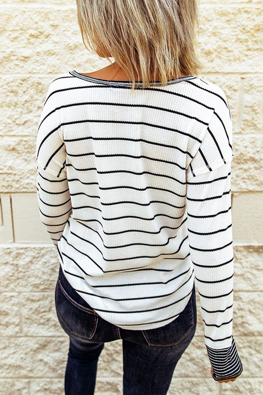 Striped Buttoned Henley Waffle Knit Top