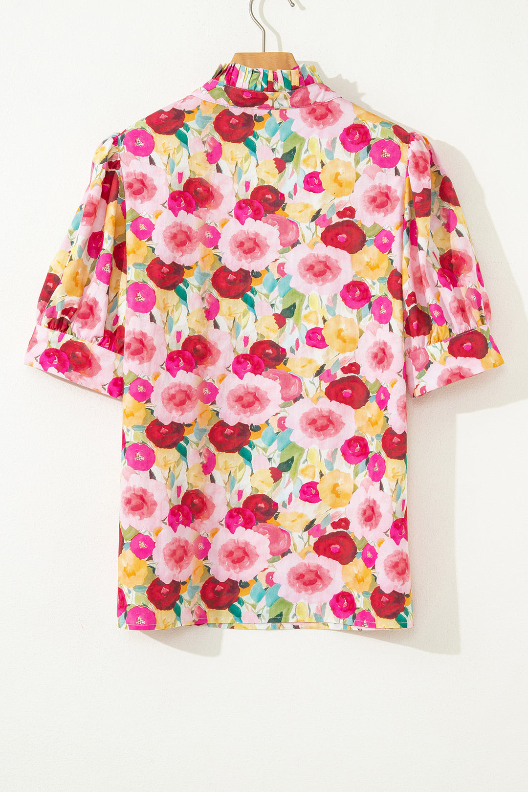 Floral Frilled V Neck Puff Short Sleeve Blouse