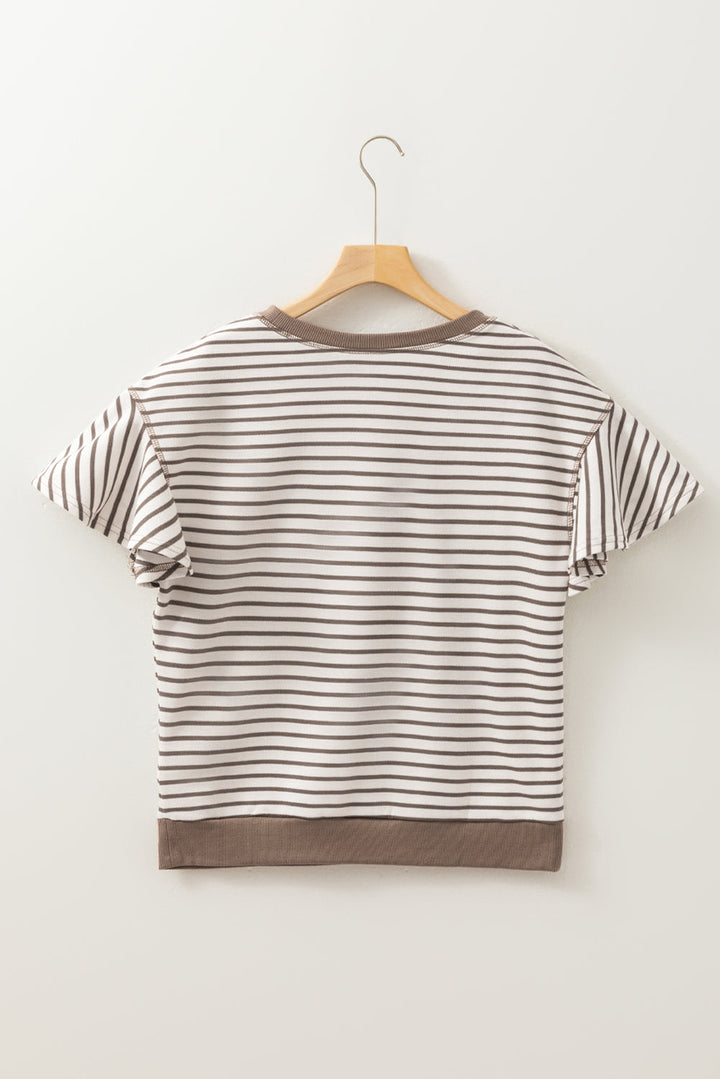 contrast detail striped ruffle short sleeve top