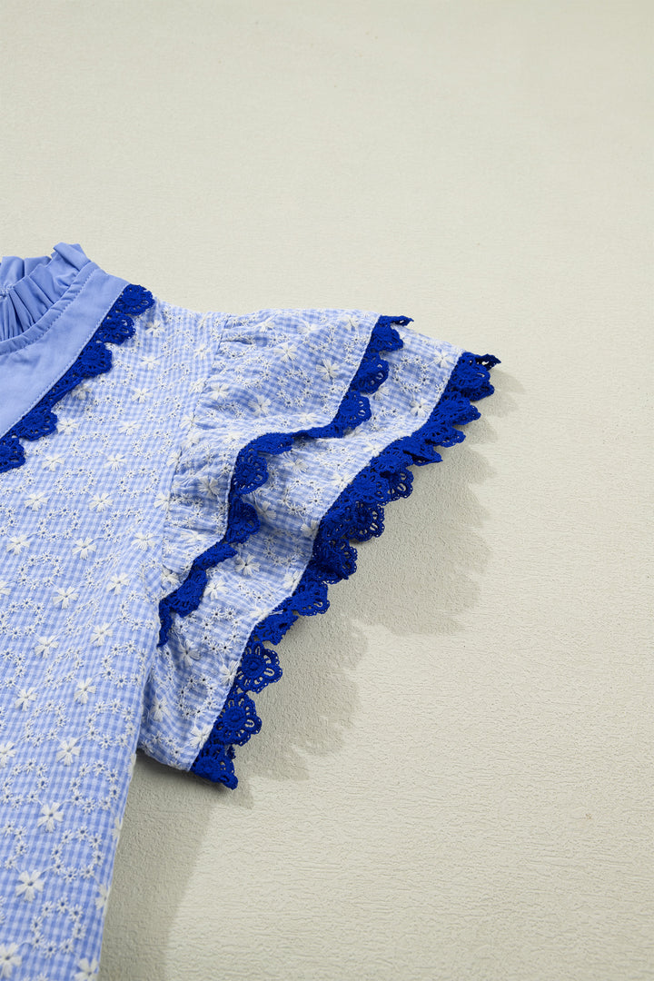 Beau Blue Eyelet Embroidered Flower Texture Contrast Lace Trim Flutter Sleeve Blouse