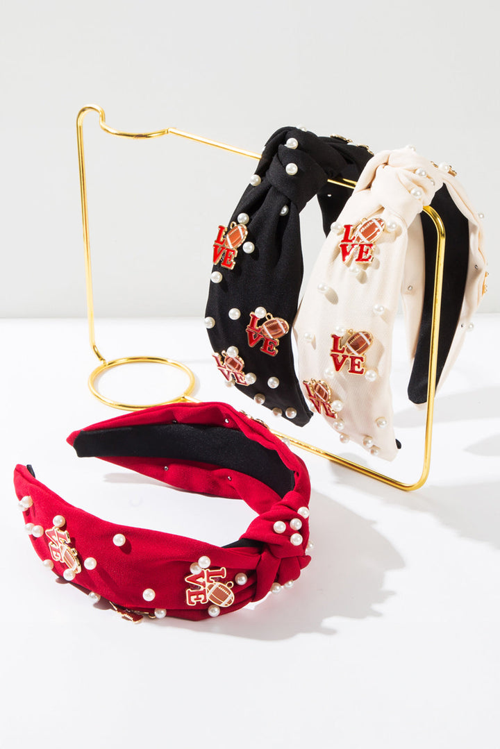 Bandeau à nœud torsadé avec perles de cristal et détails rugby LOVE