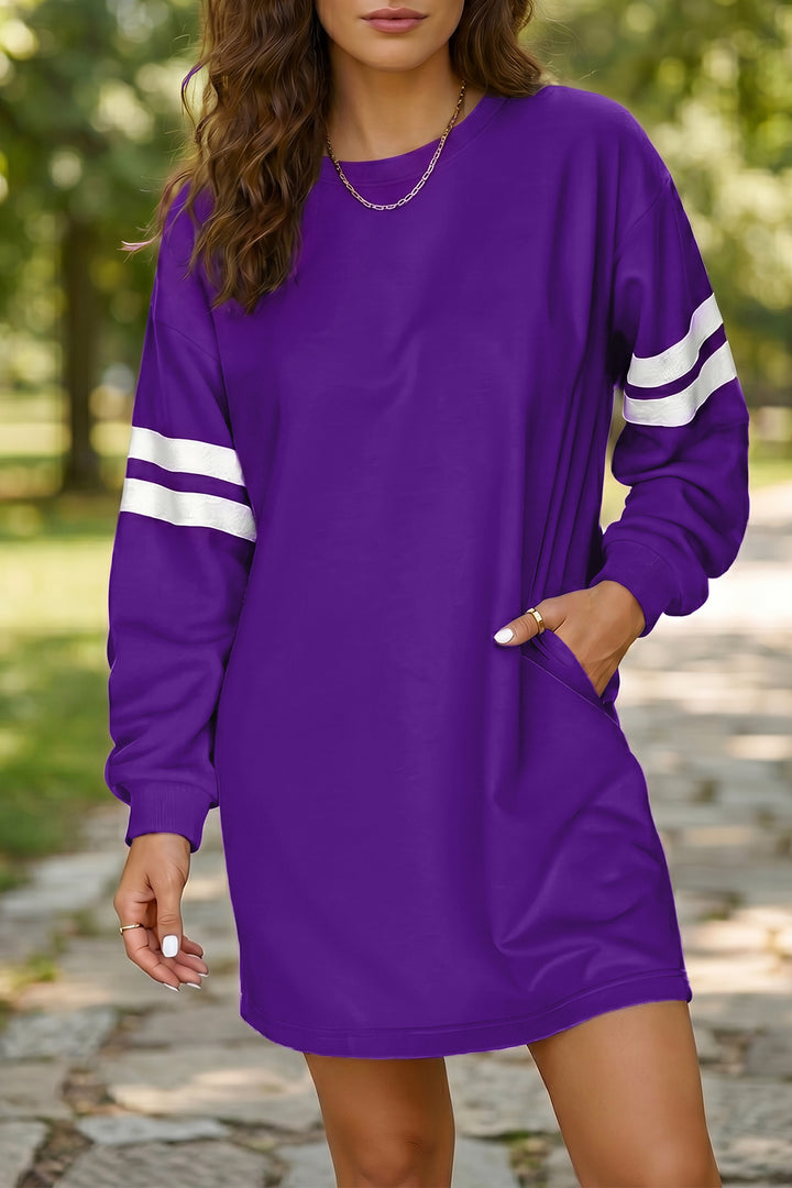 Tillandsia Purple Varsity Contrast Banded Sleeve Shift Sweatshirt Dress