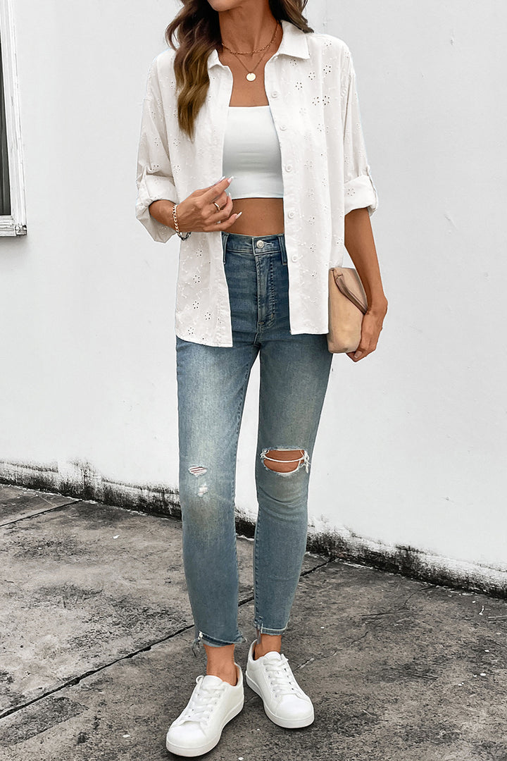 White Solid Eyelet Flower Pattern Button Down Loose Shirt
