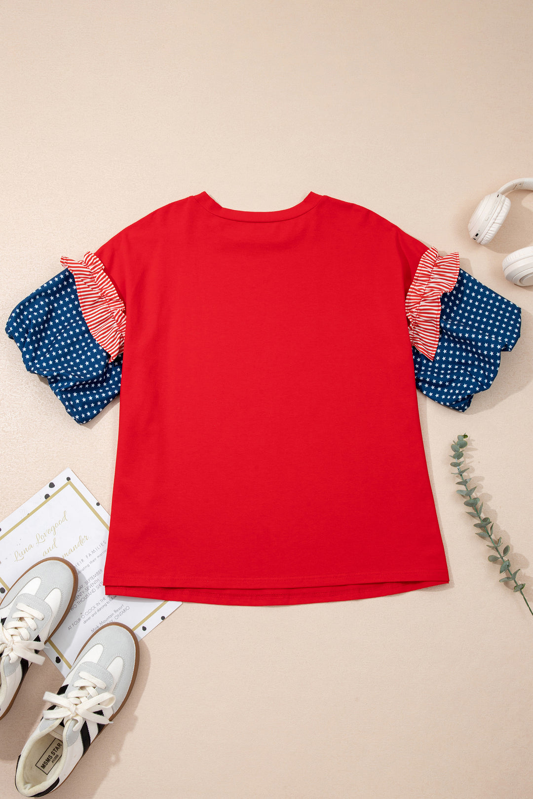 Fiery Red Plus Size Striped Ruffles Star Short Bubble Sleeve Patchwork Top
